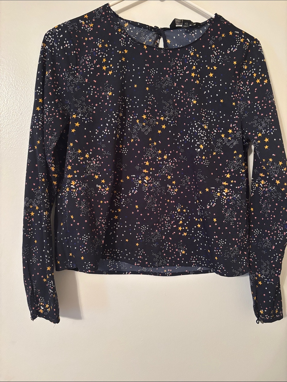 Banana Republic Navy Star-Print Long Sleeve Blouse with Yellow & Pink Stars